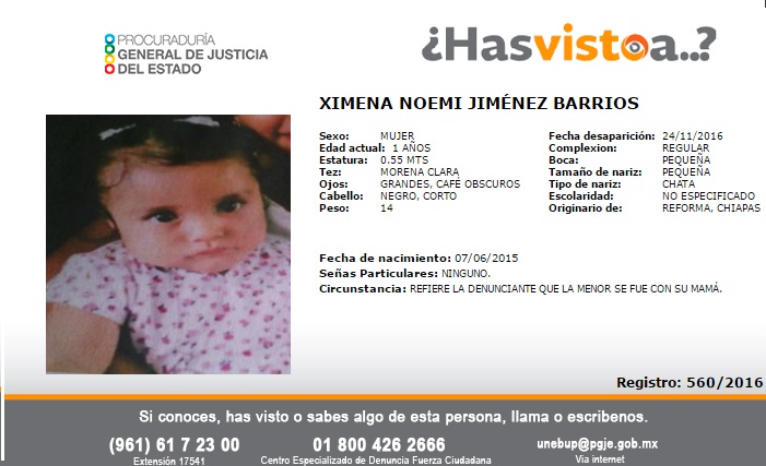 Menor de edad desaparecida #ReformaChiapas