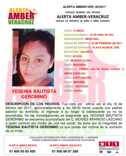 RT para localizar a YESENIA BAUTISTA GERÓNIMO de 15 años de edad