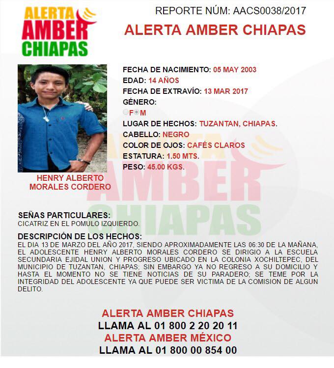 RT #AlertaAmber #Chiapas Henry Alberto Morales de 14 años de edad