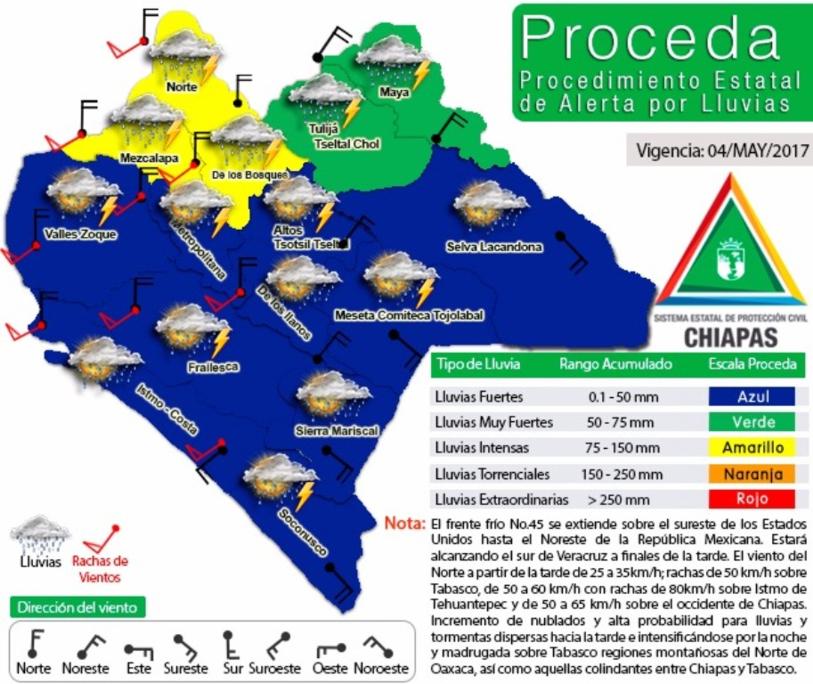 Se activa Alerta Amarilla en Chiapas para las regiones Norte, Mezcalapa y de los Bosques