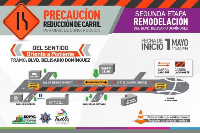 Da a conocer Ayuntamiento de Tuxtla vía de circulación por segunda etapa de remodelación del bulevar Belisario Domínguez