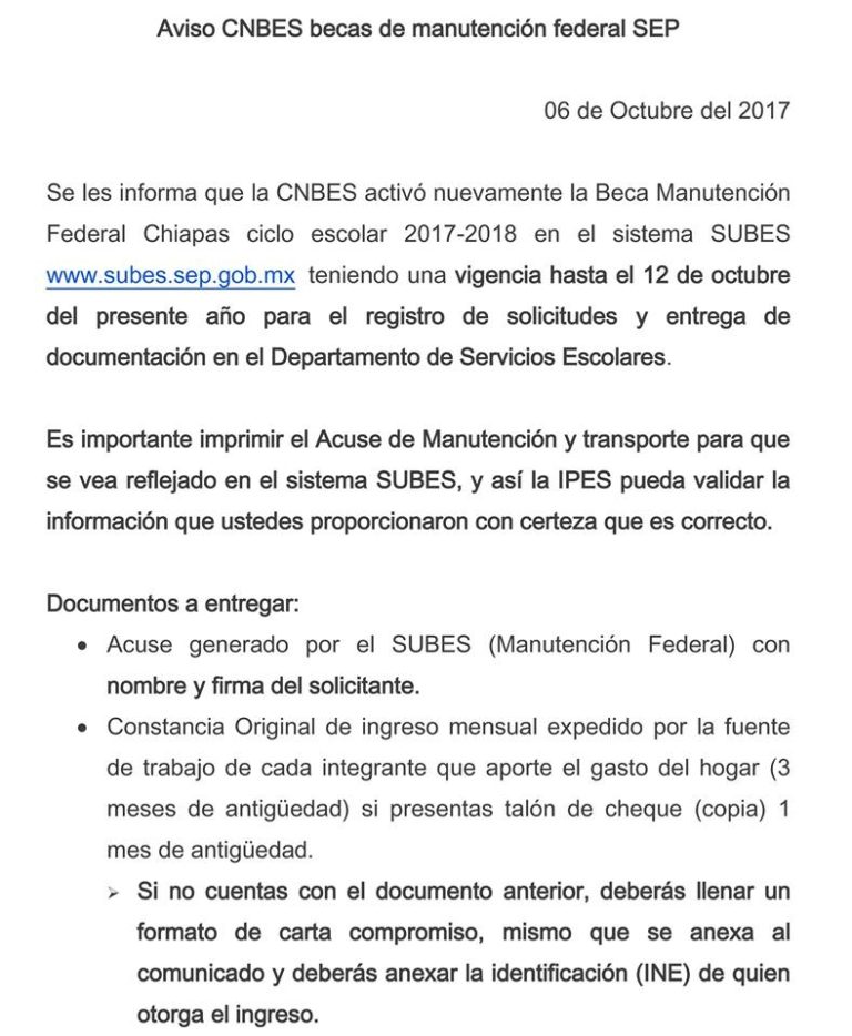 Comunicado CNBES, Beca de Manutención