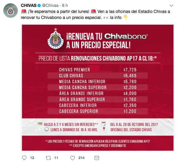 Los aficionados rojiblancos podrán renovar su Chivabono del AP17 al CL18 con precio especial.