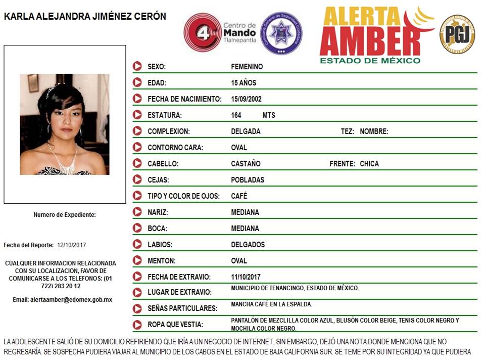 #AlertaAmber Solicitamos su apoyo para localizar a la menor Karla Alejandra  Jiménez Cerón de 15 años de edad.