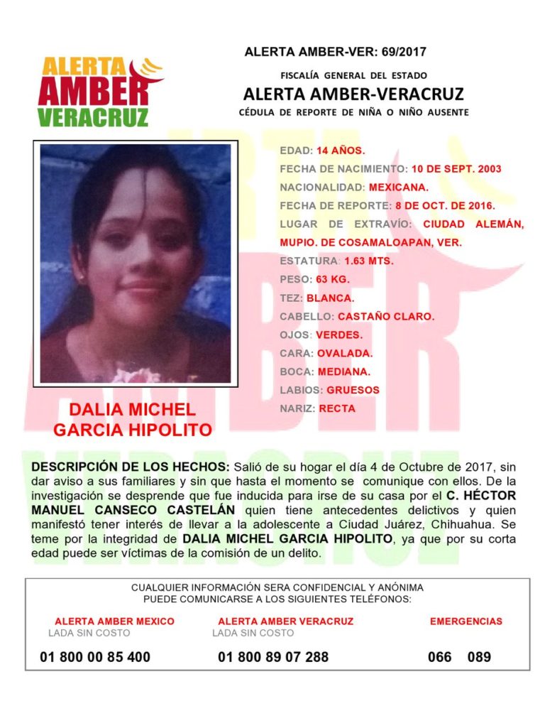 Se activa @aamber_ver para la búsqueda de DALIA MICHEL GARCIA HIPOLITO de 14 años originaria de Cosamaloapan, Ver.