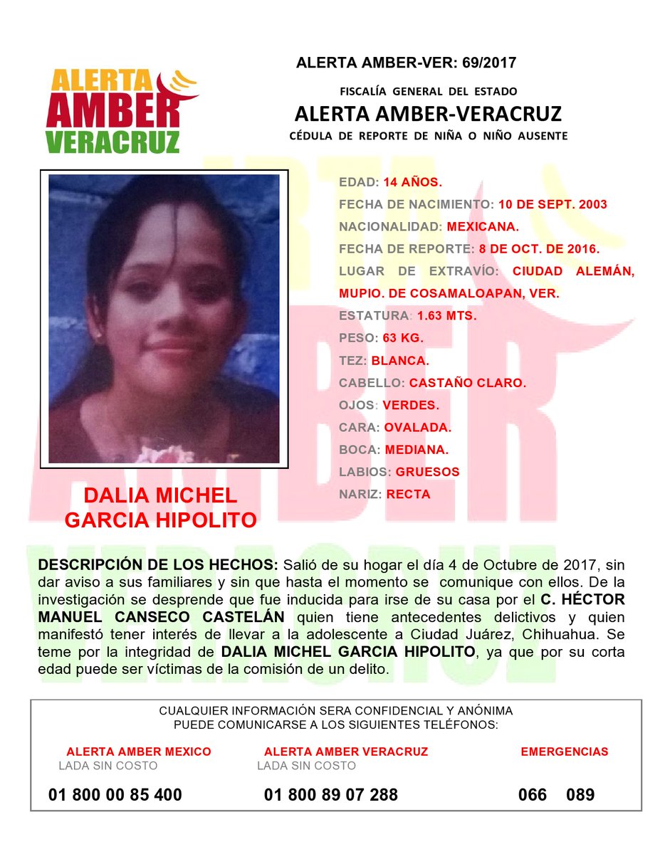 Se activa @aamber_ver para la búsqueda de DALIA MICHEL GARCIA HIPOLITO de 14 años originaria de Cosamaloapan, Ver.