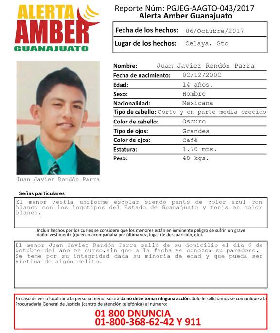 Se activa #AlertaAmber para localizar a este joven celayense de 14 años de edad.