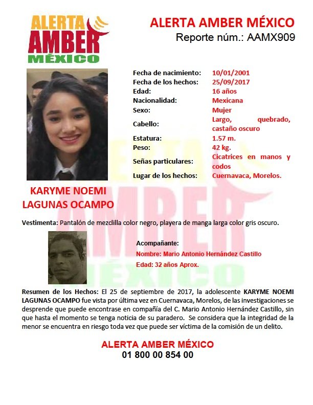 Se activa Alerta Amber  para localizar a KARIME NOEMI LAGUNAS OCAMPO  de 16 años de edad.  Fue vista por última vez en #Cuernavaca #Morelos