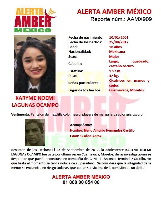 Se activa #AlertaAmber para localizar a la adolescente :  KARYME NOEMÍ LAGUNAS OCAMPO  ¿ La has visto ?