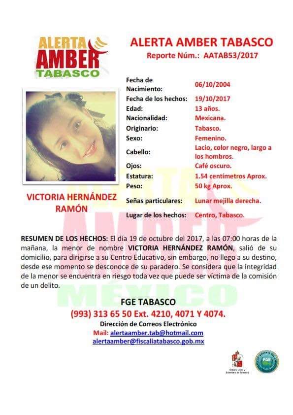 Ayudemos a compartir para encontrar a Victoria. #AlertaAmber #Tabasco