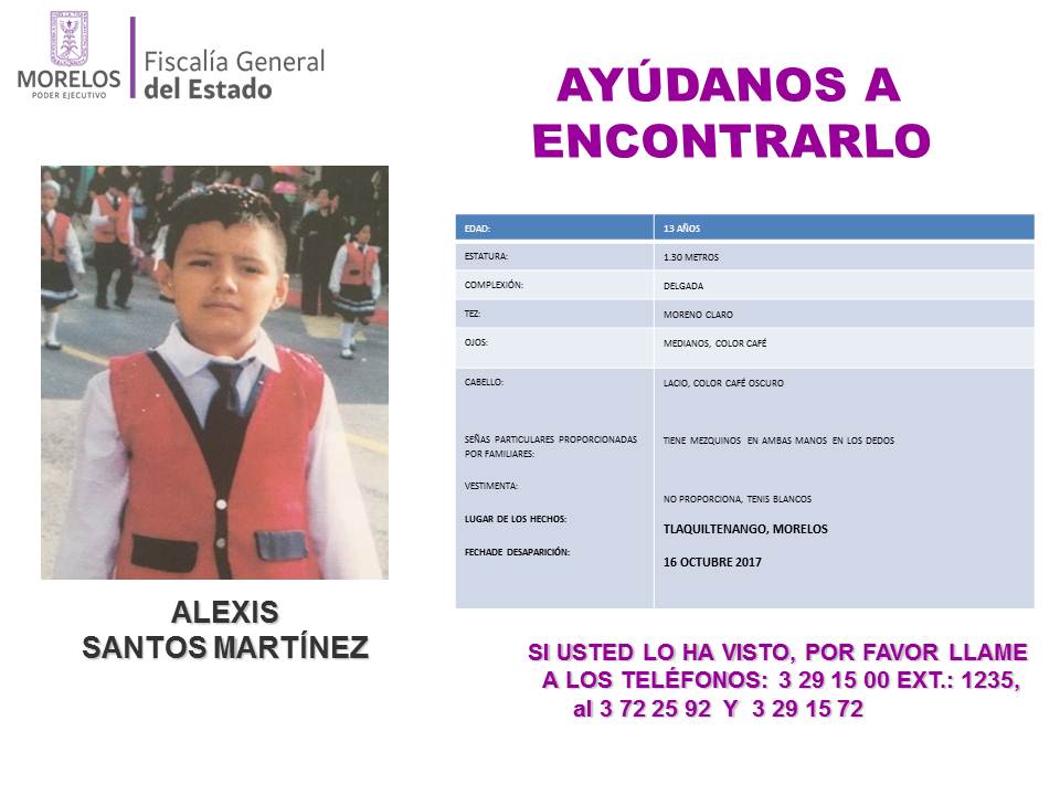 Solicita de su ayuda para localizar a ALEXIS  SANTOS MARTINEZ de 13 años. Fue visto por última vez en #Jojutla #Morelos
