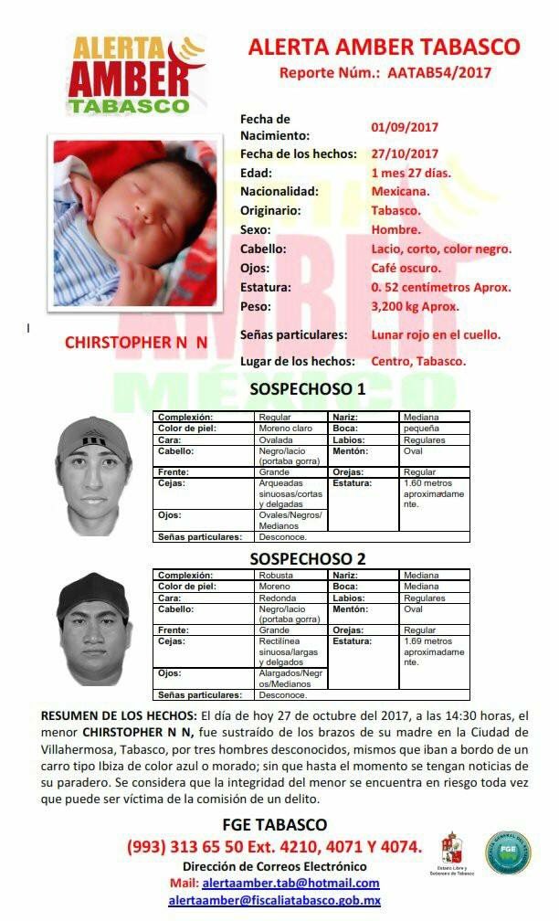 #AlertaAmber: Ayudanos a localizar al menor CHIRSTOPHER N N, de 1 mes 27 días de nacido, desapareció en el municipio de Centro.