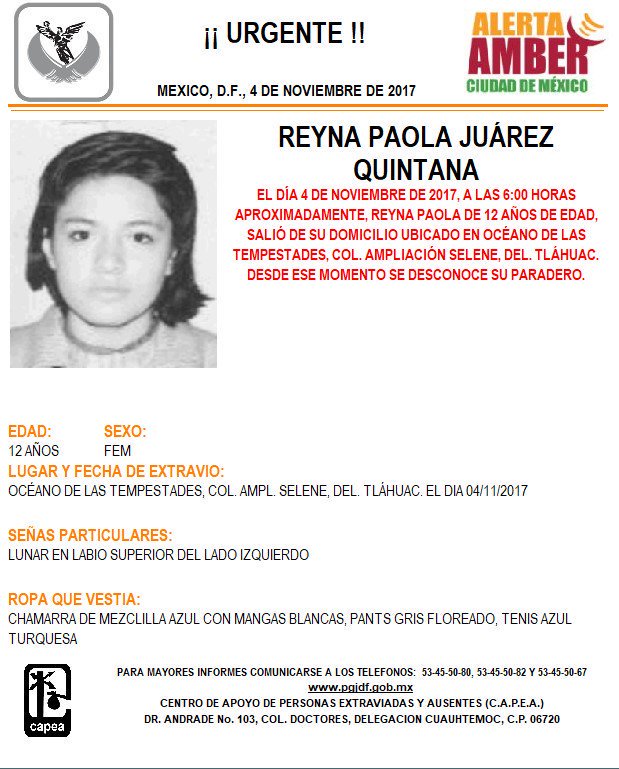 ? Se activa #AlertaAMBER ayúdanos a encontrar a REYNA PAOLA JUÁREZ QUINTANA de 12 años