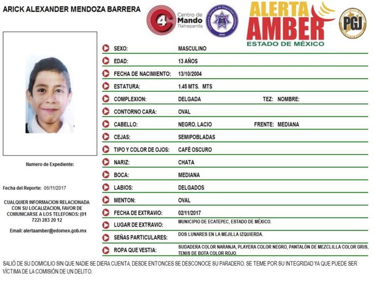 #AlertaAmber Solicitamos su apoyo y  para localizar al menor Arick Alexander Mendoza Barrera de 13 años de edad.