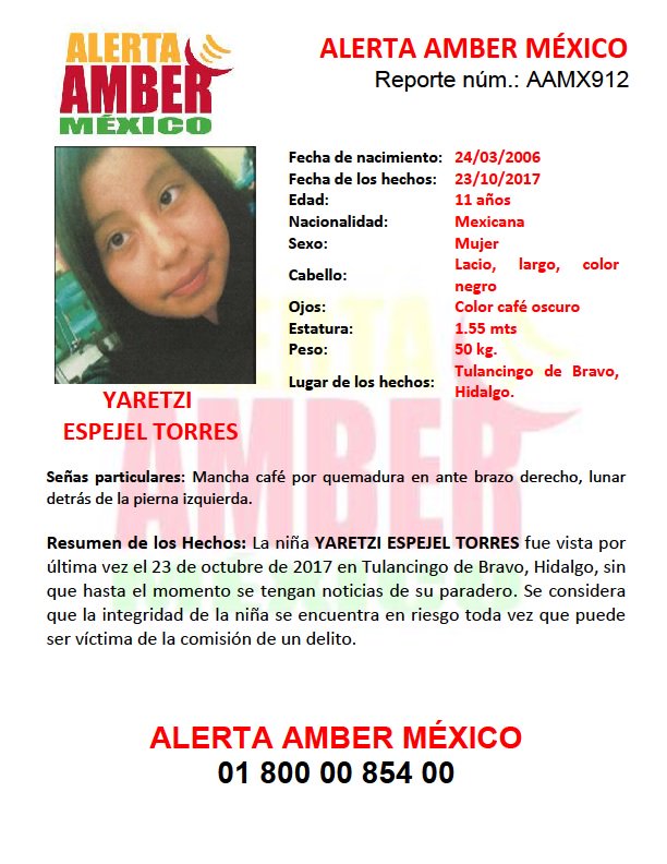 #AlertaAmberMx continúa la búsqueda para la localización de la niña YARETZI ESPEJEL TORRES de 11 años de edad.