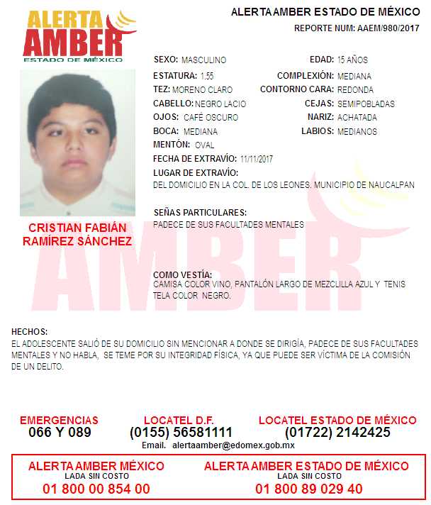 Desaparece otro menor en #EdoMex, tal vez gracias a ti podamos localizarla. COMPARTE. Cristian Fabián Ramírez Sánchez de 15 años. #AlertaAmber