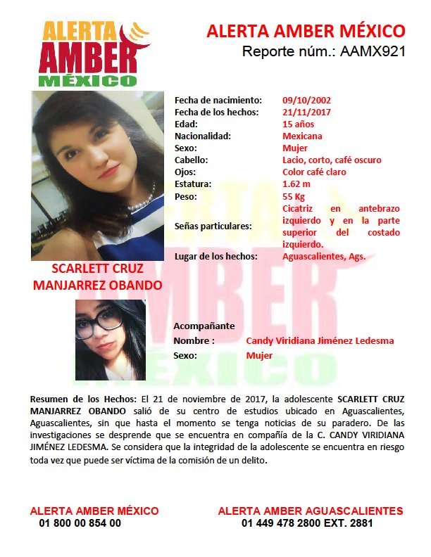 #AlertaAmberMx continúa la búsqueda para la localización de la adolescente SCARLETT CRUZ MANJARREZ OBANDO de 15 años de edad.