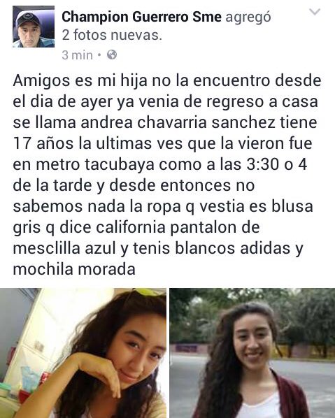 #AlertaAmber por desaparición de Andrea Chavarría de 17 años en la @delegacionMH, vestía blusa gris, pantalón de mezclilla y tenis blancos.