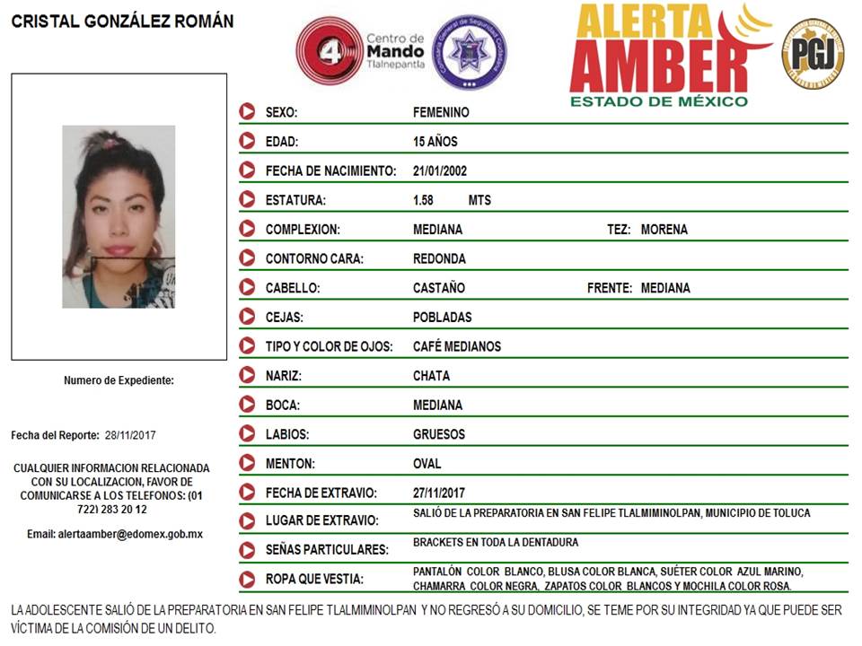 #AlertaAmber Solicitamos su apoyo  para localizar a Cristal González Román de 15 años de edad.