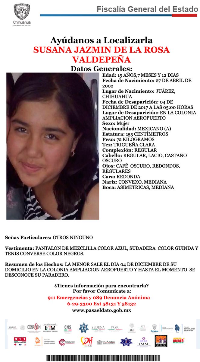 Se activa #AlertaAMBER #ProtocoloAlba Ayúdanos a encontrar a SUSANA JAZMIN DE LA ROSA VALDEPEÑA.  Cualquier información, reporta al ? 911 o al 089 (denuncia anónima). #Chihuahua