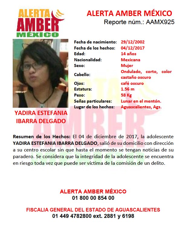 #AlertaAmberMx continúa la búsqueda para la localización de la adolescente YADIRA ESTEFANIA IBARRA DELGADO de 14 años de edad.