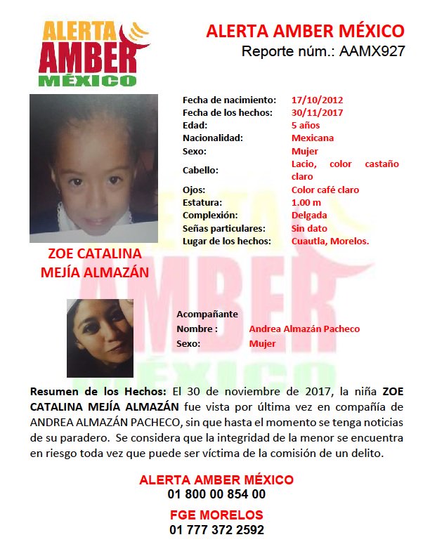 #AlertaAmberMx continúa la búsqueda para la localización de la niña ZOE CATALINA MEJÍA ALMAZÁN de 5 años de edad.
