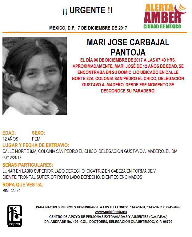 Activan #AlertaAmber @AAMBER_mx para localizar a Mari Jose Carbajal Pantoja, de 12 años de edad, extraviada en la colonia San Pedro El Chico, delegación Gustavo A. Madero #CDMX