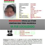 Informan que el bebé Jonathan Issac Perea Valenzuela de 04 días de edad, ya fue localizado, por lo que se desactiva la #AlertaAmber.