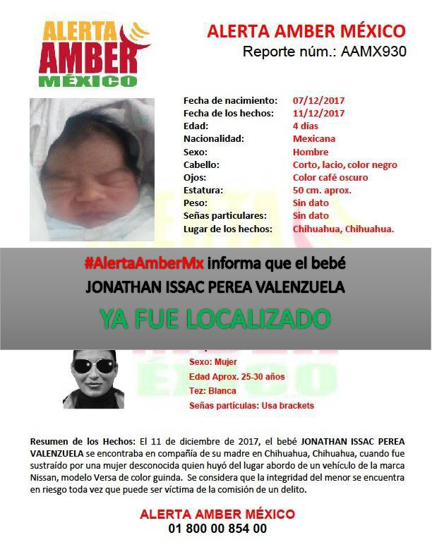 Informan que el bebé Jonathan Issac Perea Valenzuela de 04 días de edad, ya fue localizado, por lo que se desactiva la #AlertaAmber.