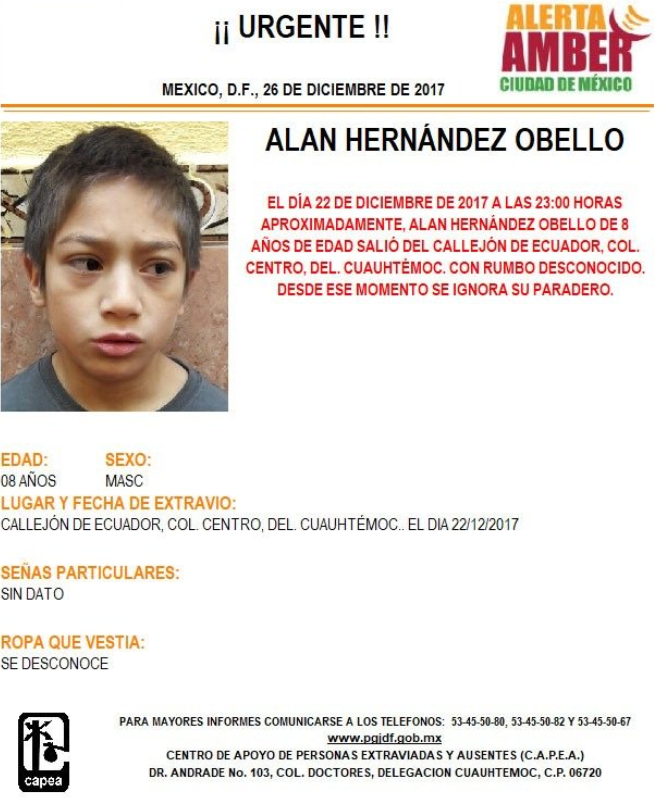 Se activa #AlertaAmber para localizar a Alan Hernández Obello, de 8 años