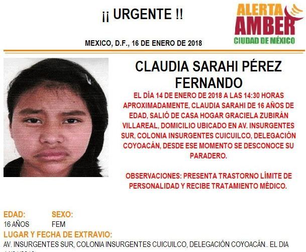 Alerta Amber Claudia Sarahi Pérez tiene 16 años