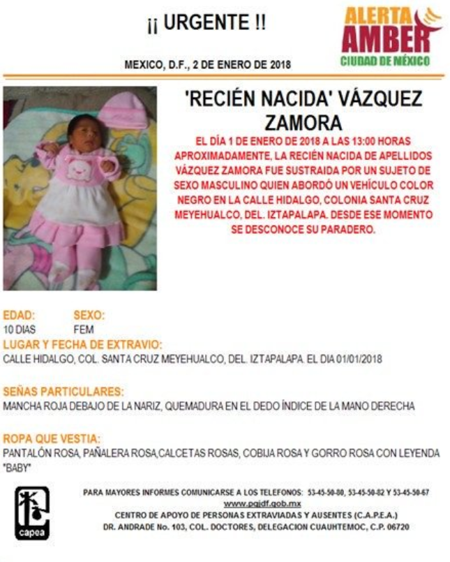 #AlertaAmber por recién nacida desaparecida en #Iztapalapa.