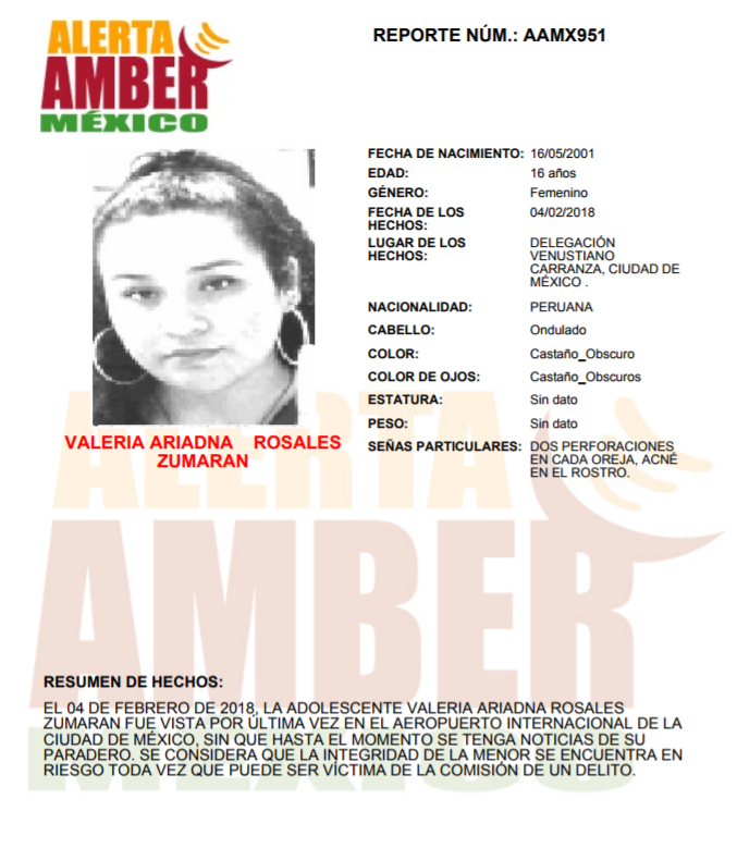Se activa #ALERTAAMBER para Valeria Ariadna Rosales