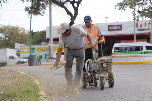 Continúan trabajos de pinta de banquetas y guarniciones para indicar restricciones de estacionamiento