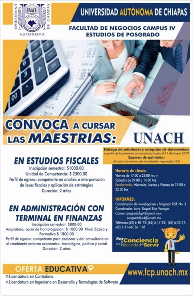 Invita UNACH a cursar las Maestrías en Estudios Fiscales y en Administración con Terminal en Finanzas