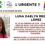 Activan Alerta Amber para localizar a Luna Daelyn Regalado López en CDMX