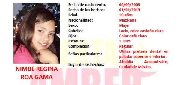 #AlertaAmberMx continúa la búsqueda para la localización de la niña Nimbe Regina Roa Gama de 10 años de edad