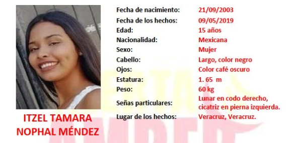 #AlertaAmberMx continúa la búsqueda para la localización de la adolescente ITZEL TAMARA NOPHAL MÉNDEZ de 15 años de edad