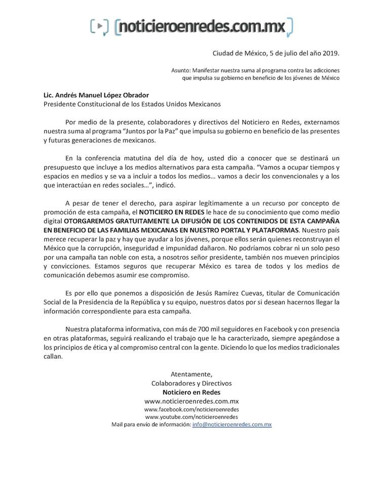 Carta al Presidente López Obrador 