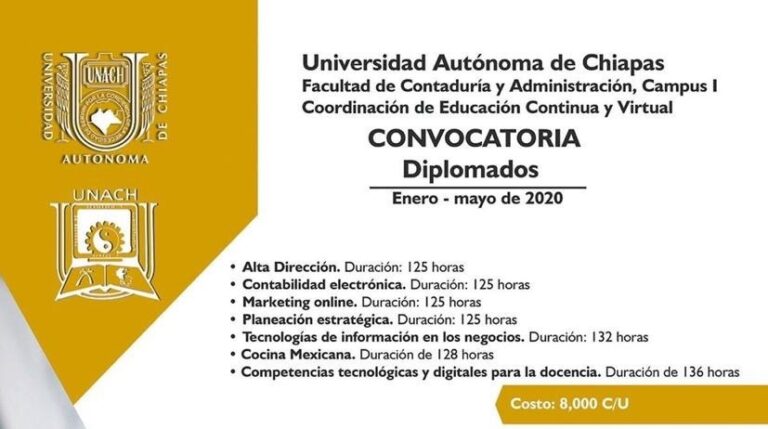 UNACH  convoca a   Diplomados para el periodo Enero-Mayo del 2020