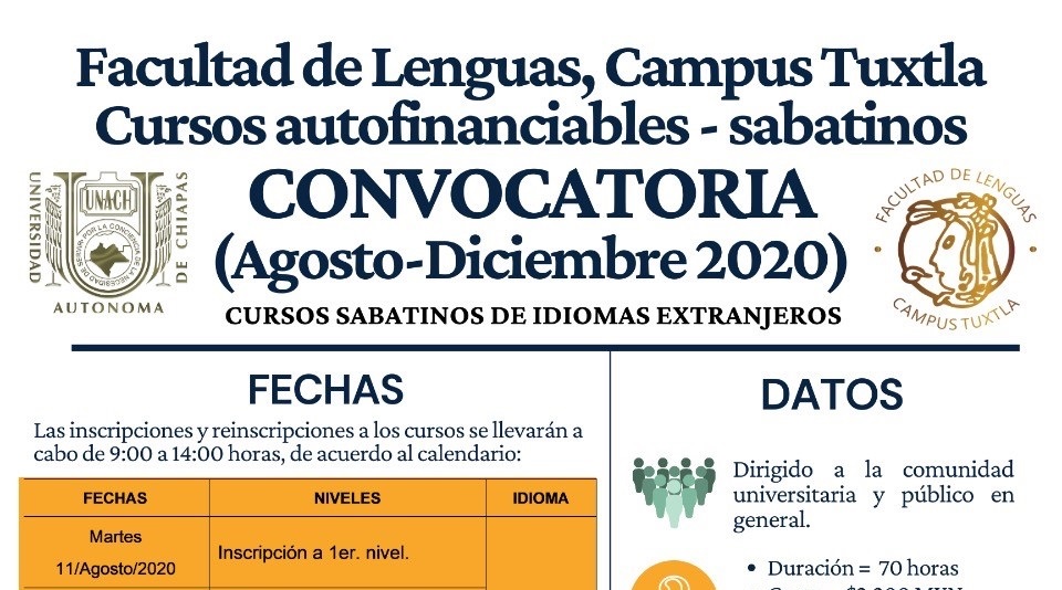 Oferta Facultad de Lenguas Tuxtla de la UNACH Cursos Autofinanciables Sabatinos