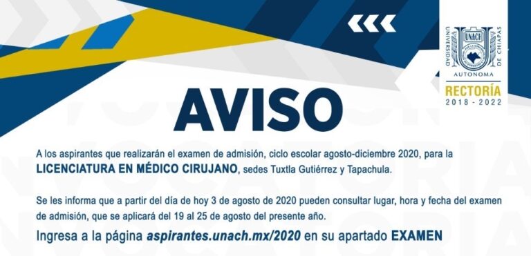 Se realizará examen de admisión de la Licenciatura en Médico Cirujano de la UNACH bajo las medidas de sana distancia