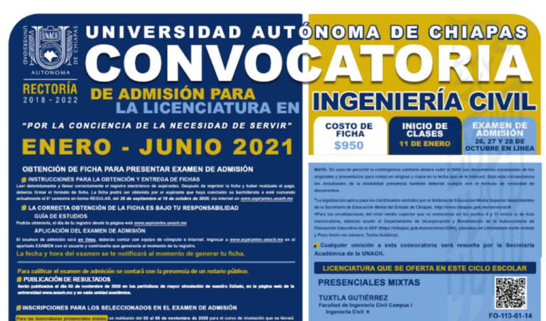 Abierta convocatoria para examen de admisión de la carrera de Ingeniería Civil en la UNACH