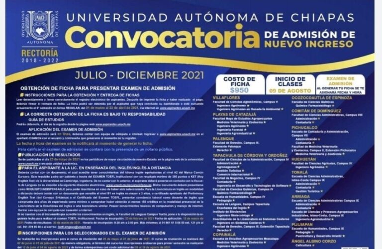 Da UNACH a conocer su Convocatoria para el Examen de Admisión del ciclo escolar julio-diciembre 2021