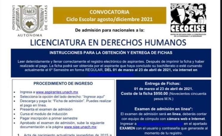 Oferta  UNACH la Licenciatura en Derechos Humanos