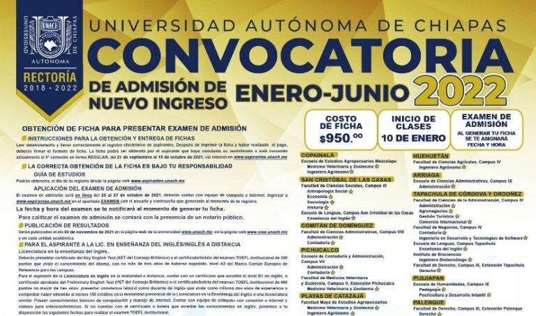 Lanza UNACH Convocatoria de Admisión para el Semestre Enero Junio 2022