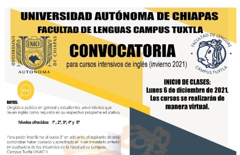 Abre UNACH convocatoria para los Cursos Intensivos de Inglés Invierno 2021