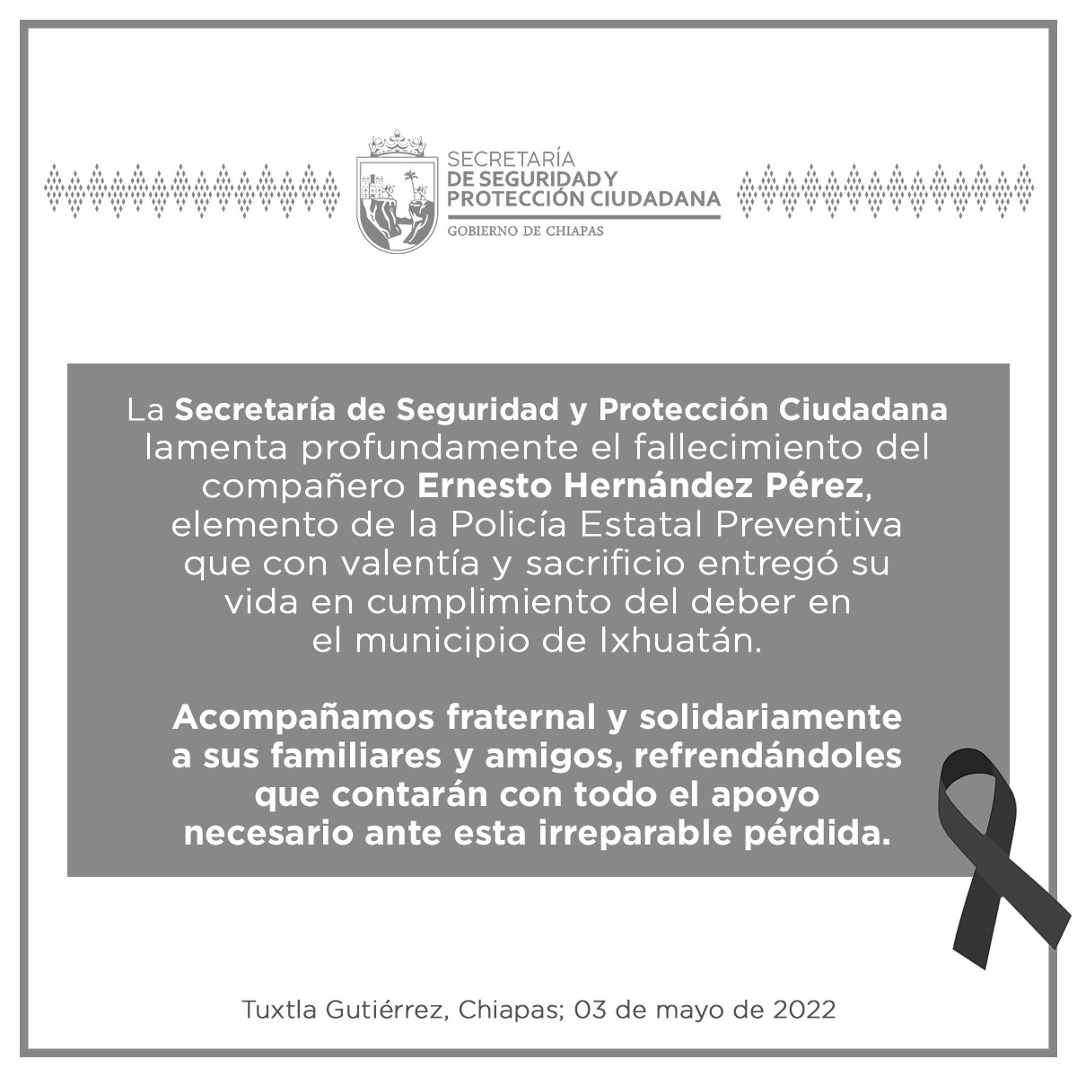Lamenta SSyPC fallecimiento de policía estatal preventivo en Ixhuatán