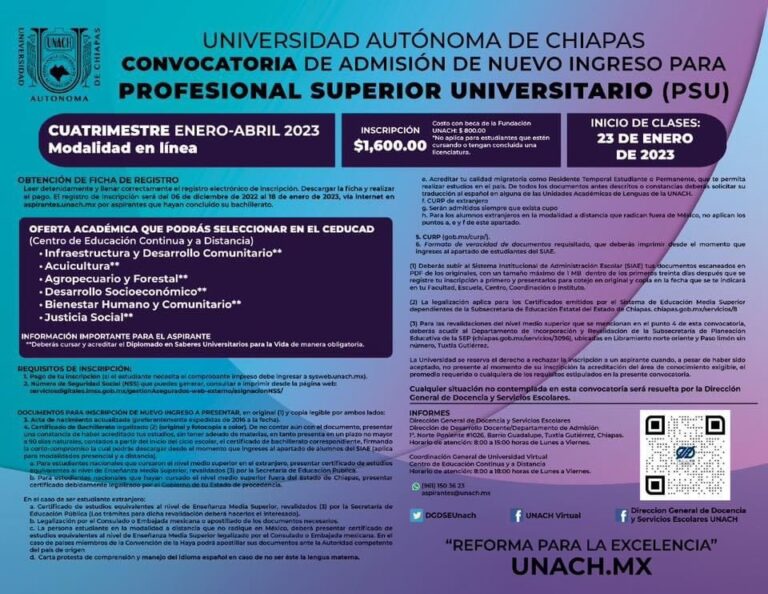 <strong>Continúa abierta convocatoria para Profesional Superior Universitario de la UNACH</strong>