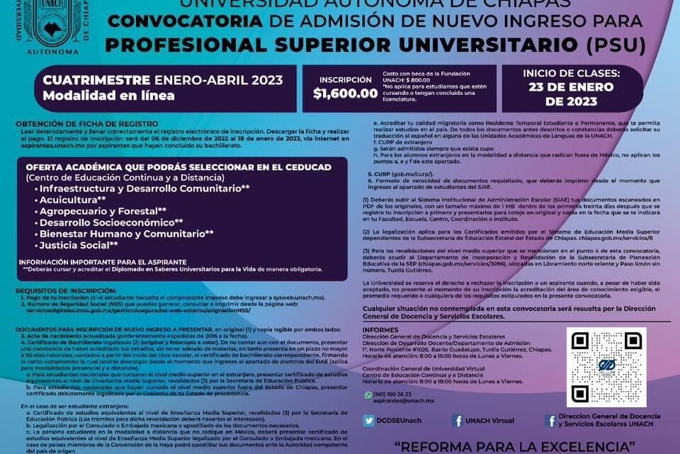 Continúa abierta convocatoria para Profesional Superior Universitario de la UNACH